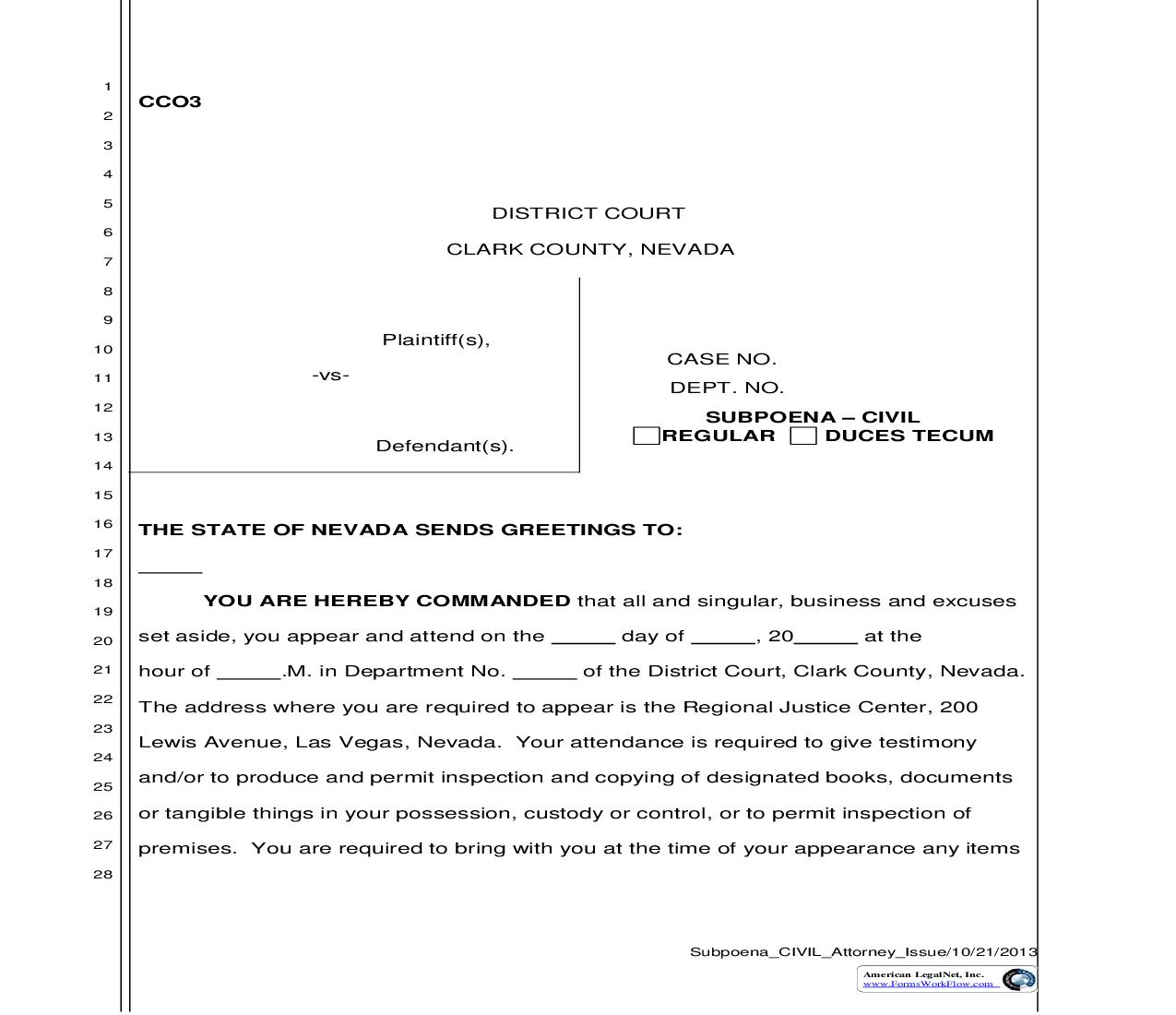 Subpoena-Civil (Issued By Attorney) | Pdf Fpdf Doc Docx | Nevada
