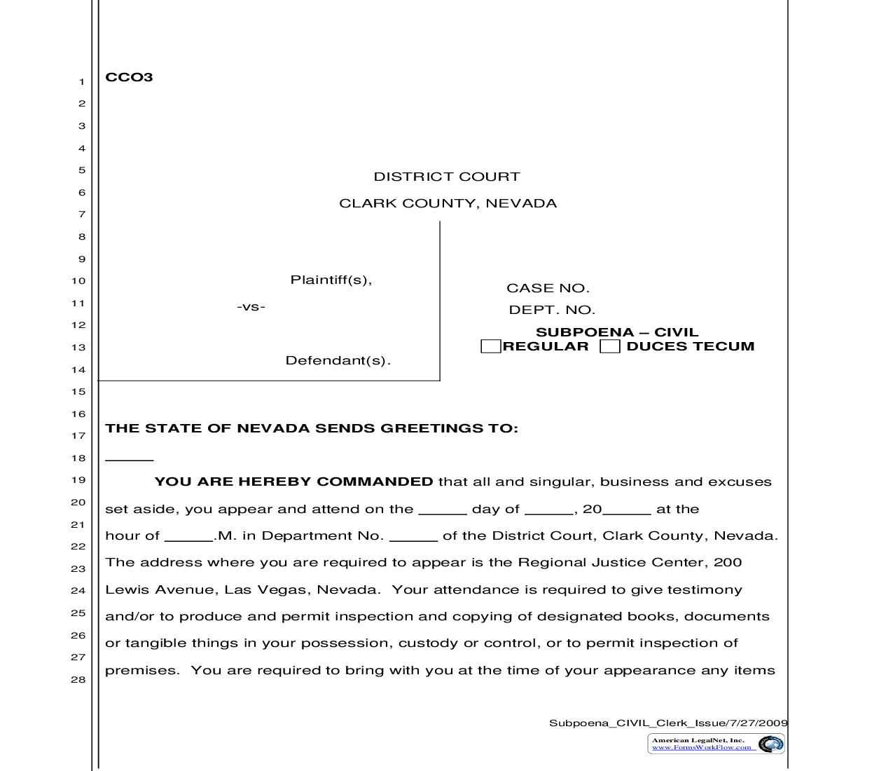 Subpoena-Civil (Issued By Clerk) | Pdf Fpdf Doc Docx | Nevada