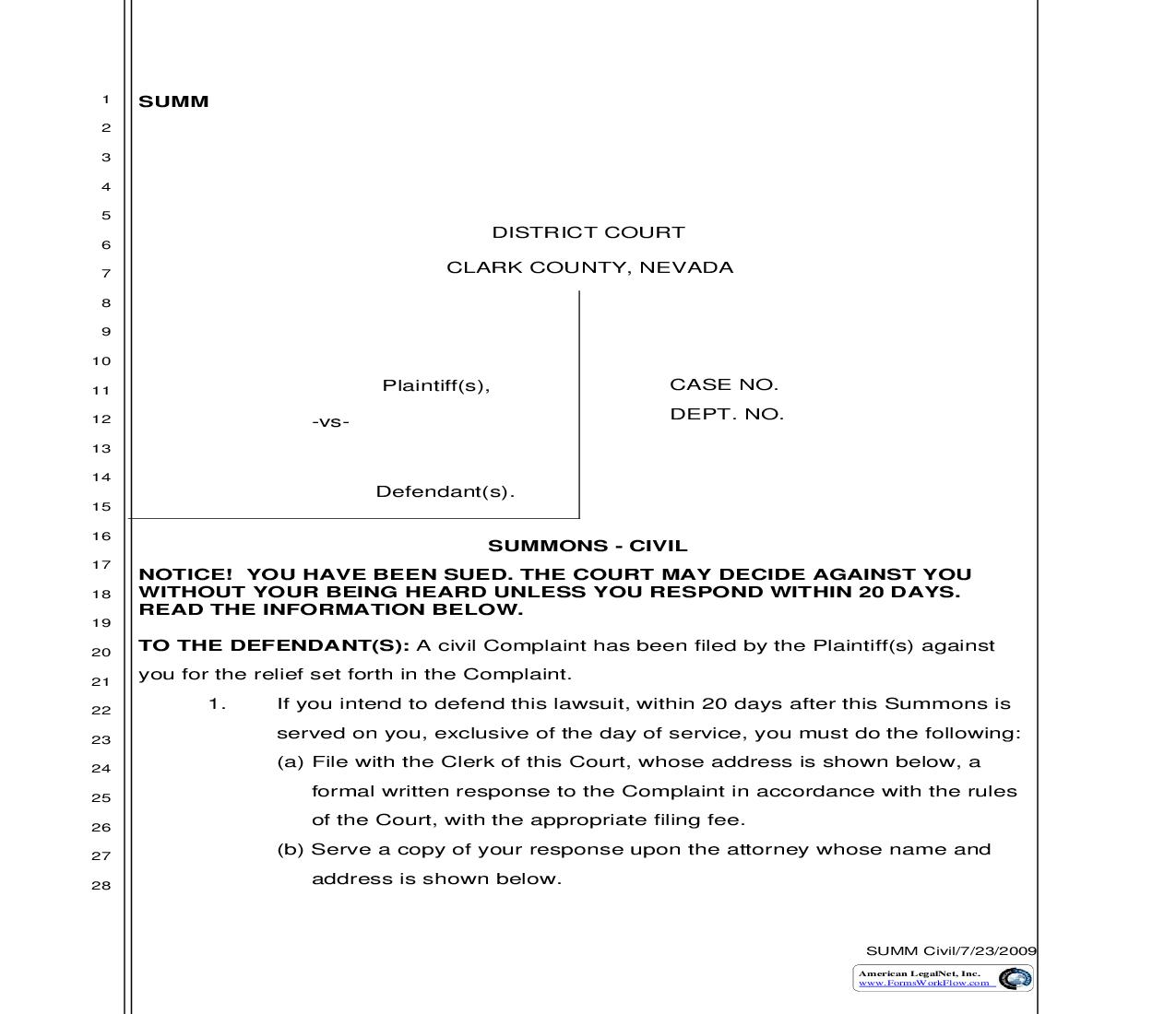 Summons - Civil | Pdf Fpdf Doc Docx | Nevada
