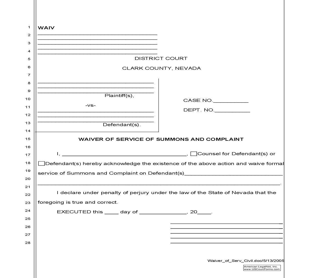 Waiver Of Service Of Summons And Complaint {WOSC} | Pdf Fpdf Doc Docx | Nevada