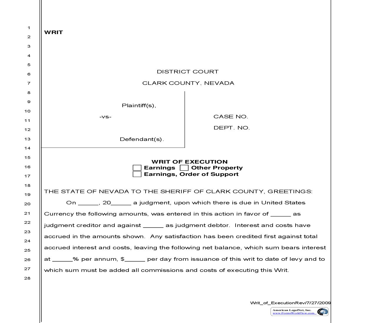 Writ Of Execution {WRIT} | Pdf Fpdf Doc Docx | Nevada