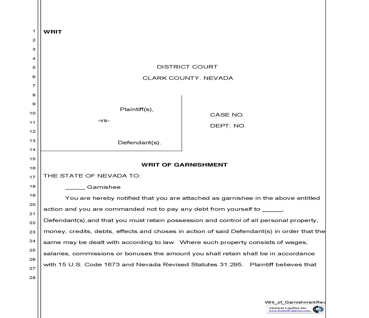 Writ Of Garnishment | Pdf Fpdf Doc Docx | Nevada