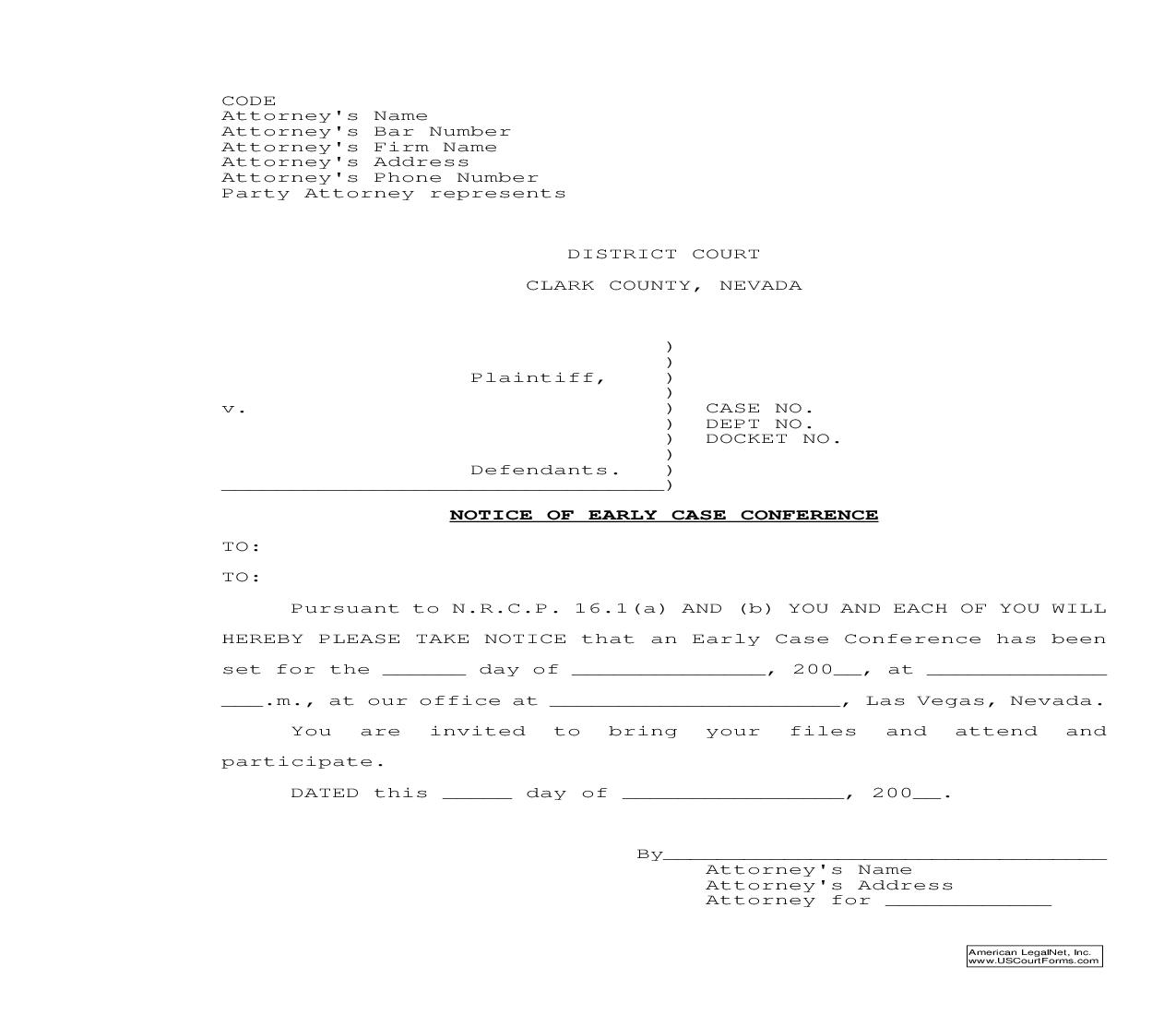Notice Of Early Case Conference | Pdf Fpdf Doc Docx | Nevada