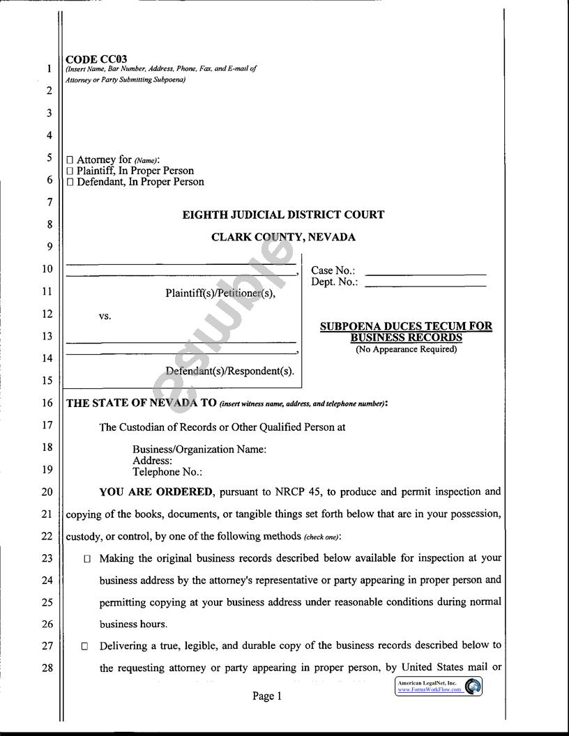 Subpoena Duces Tecum For Business Records No Appearance Required | Pdf Fpdf Docx | Nevada
