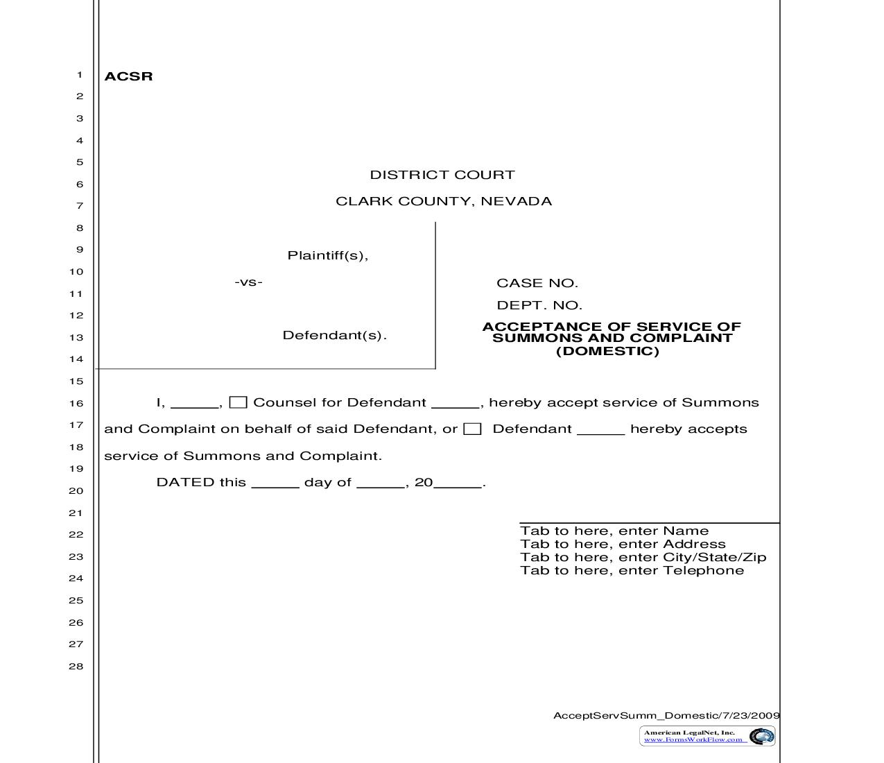 Acceptance Of Service Of Summons And Complaint (Domestic) {ACSR} | Pdf Fpdf Doc Docx | Nevada