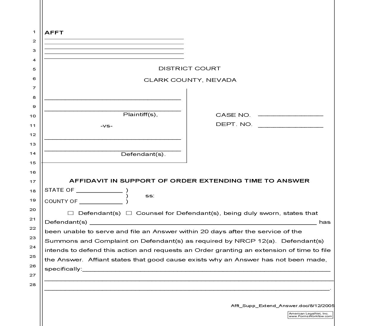 Affidavit In Support Of Order Extending Time To Answer {AETA} | Pdf Fpdf Doc Docx | Nevada