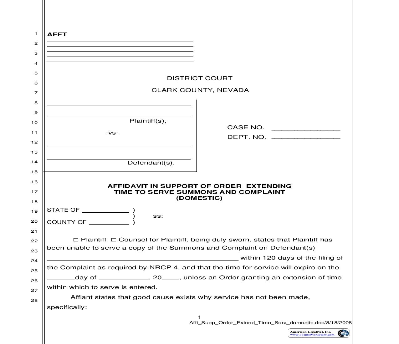 Affidavit In Support Of Order Extending Time To Serve Summons And Complaint (Domestic) | Pdf Fpdf Doc Docx | Nevada