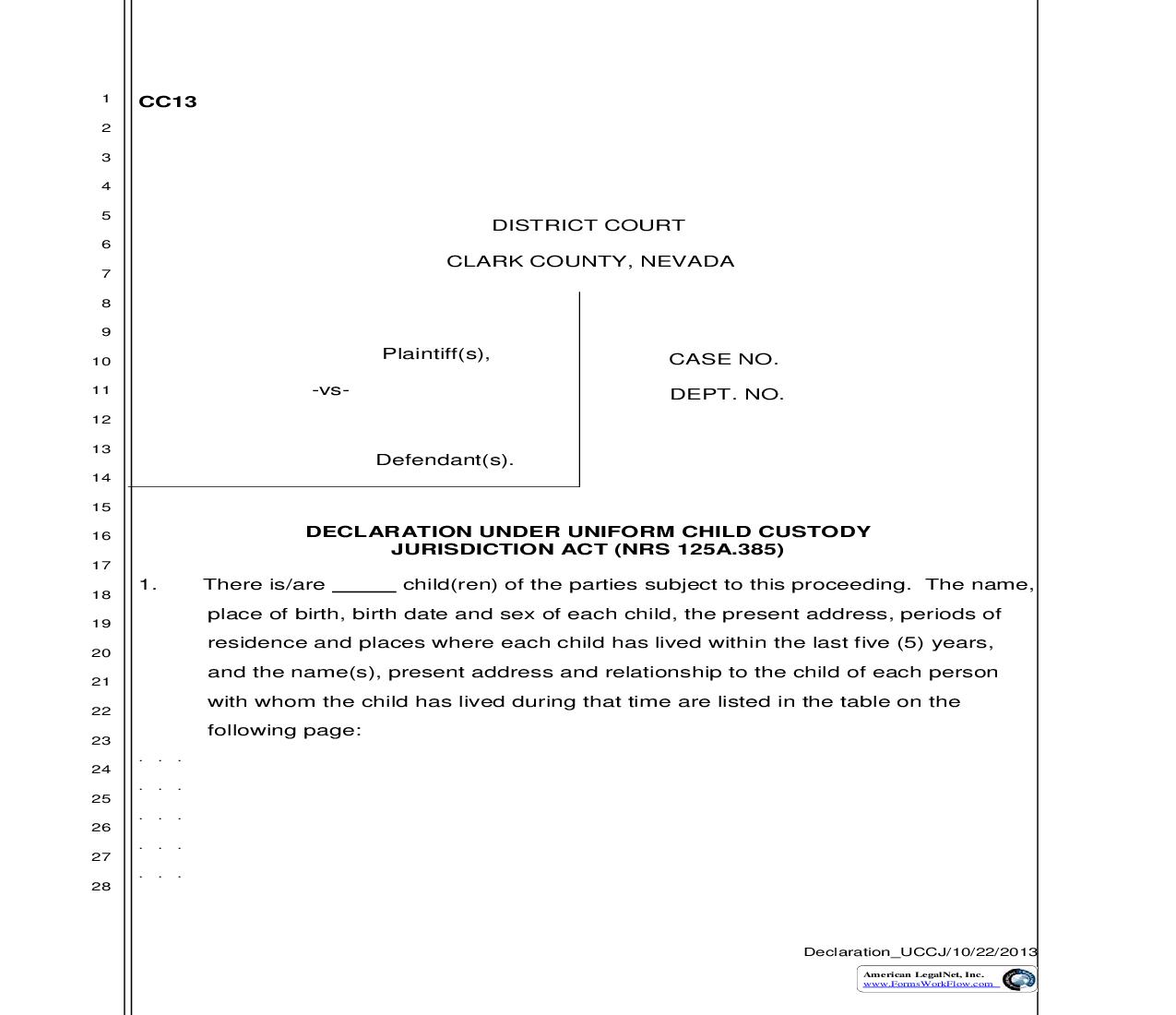 Declaration Under Uniform Child Custody Jurisdiction Act {CC13} | Pdf Fpdf Doc Docx | Nevada