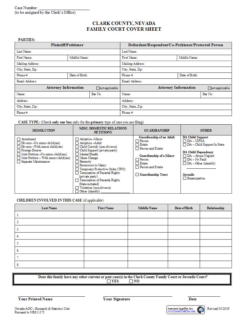 Family Court Cover Sheet | Pdf Fpdf Docx | Nevada