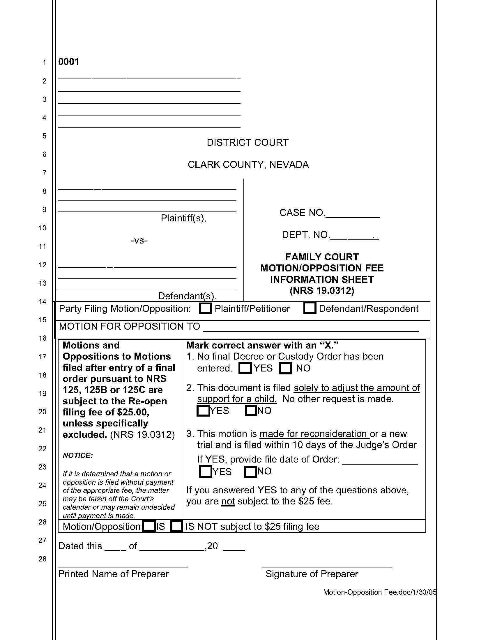 Family Court Motion Opposition Fee Information Sheet (NRS 19.0312) | Pdf Fpdf Doc Docx | Nevada