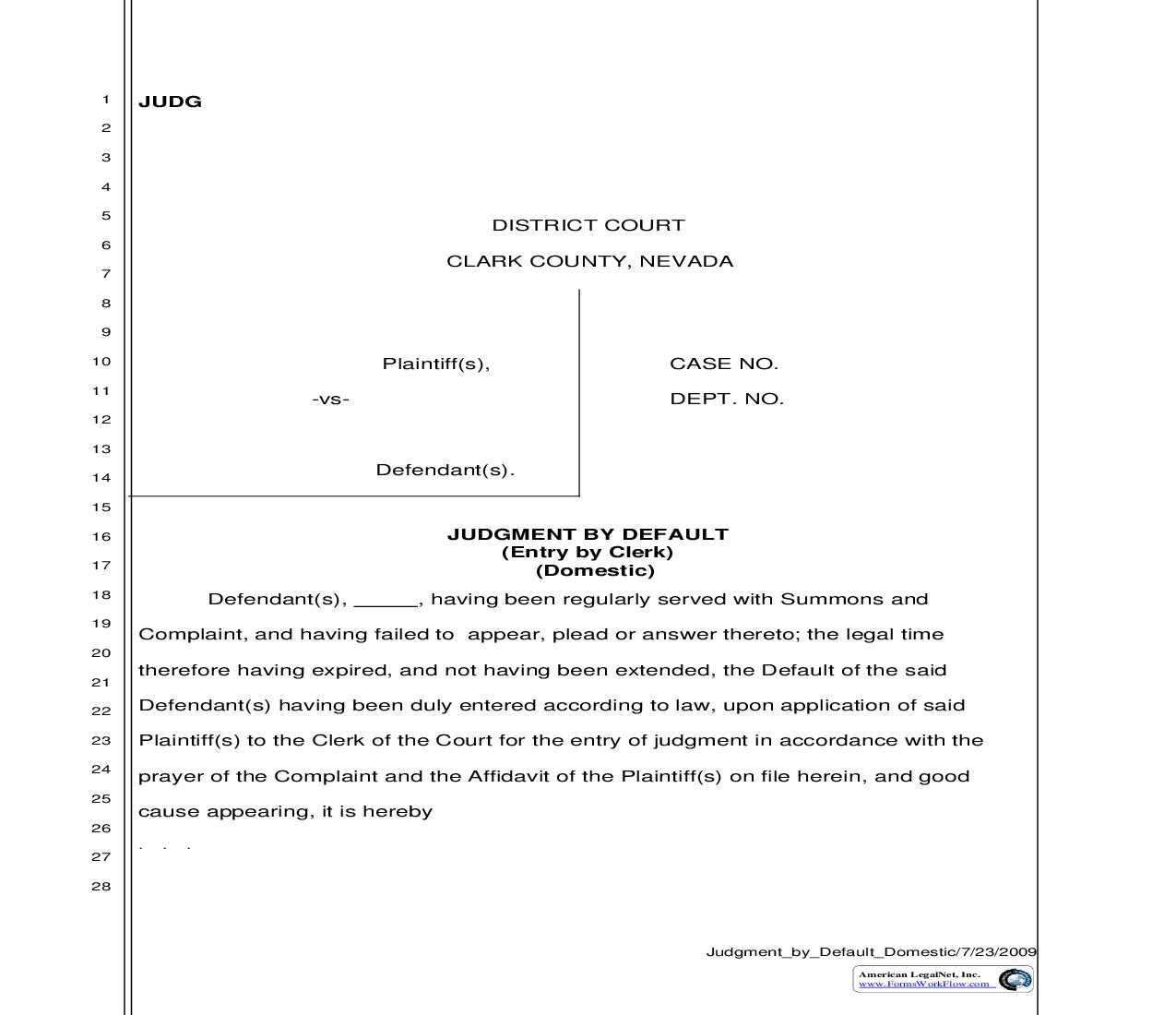 Judgment By Default (Entry By Clerk - Domestic) | Pdf Fpdf Doc Docx | Nevada