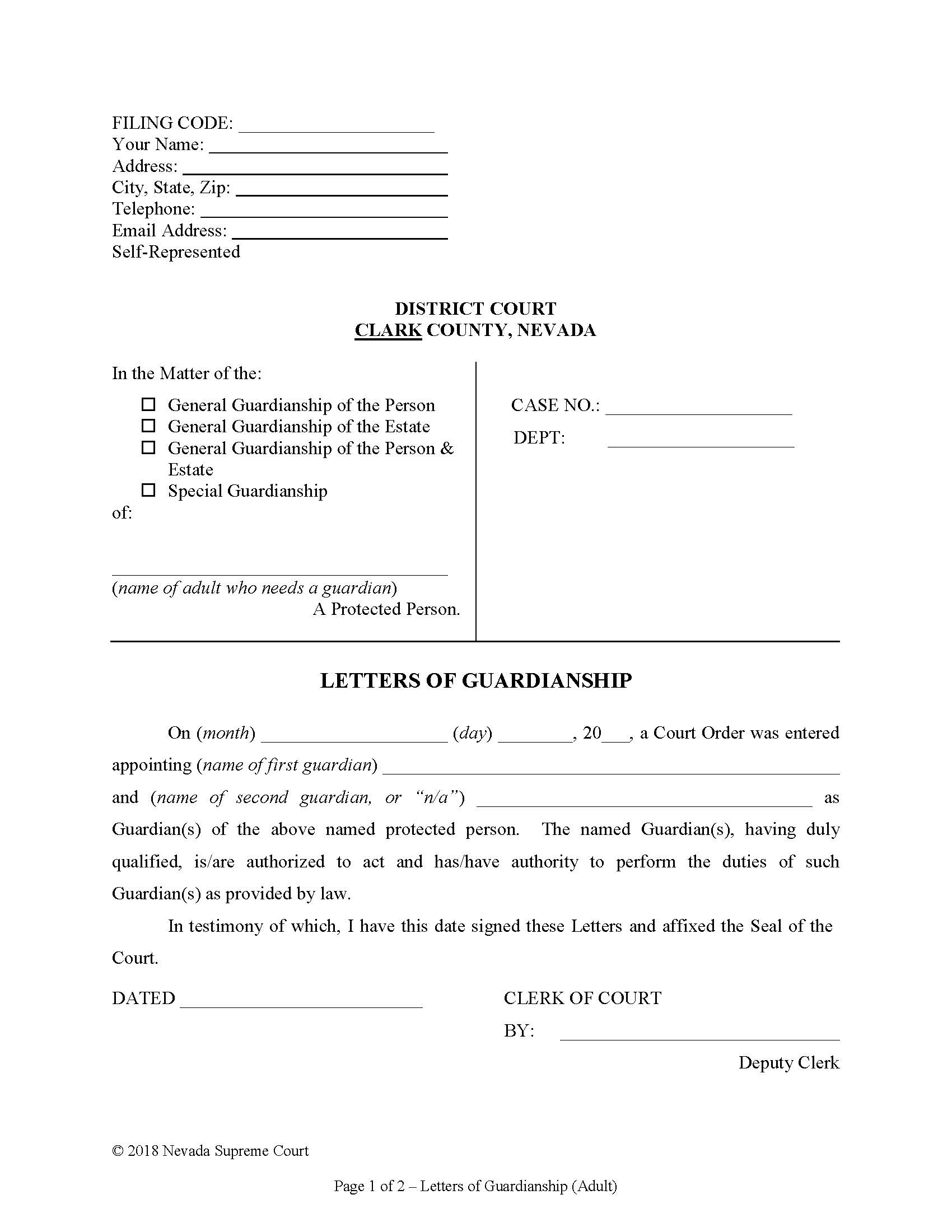 Letters Of Guardianship (Adult) | Pdf Fpdf Doc Docx | Nevada