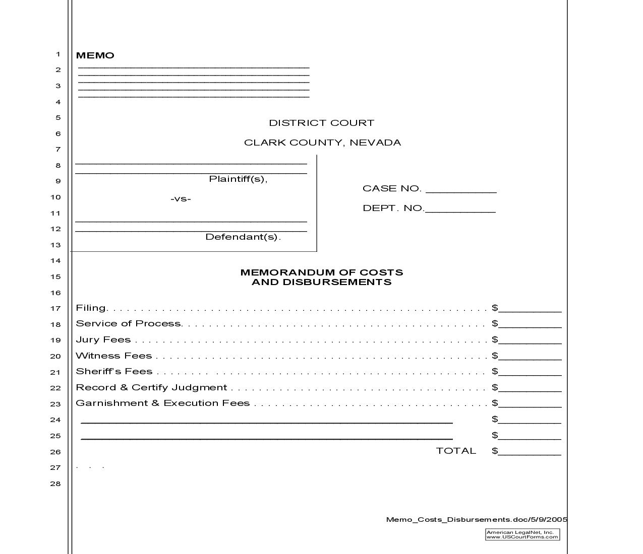 Memorandum Of Costs And Disbursement {CC10} | Pdf Fpdf Doc Docx | Nevada