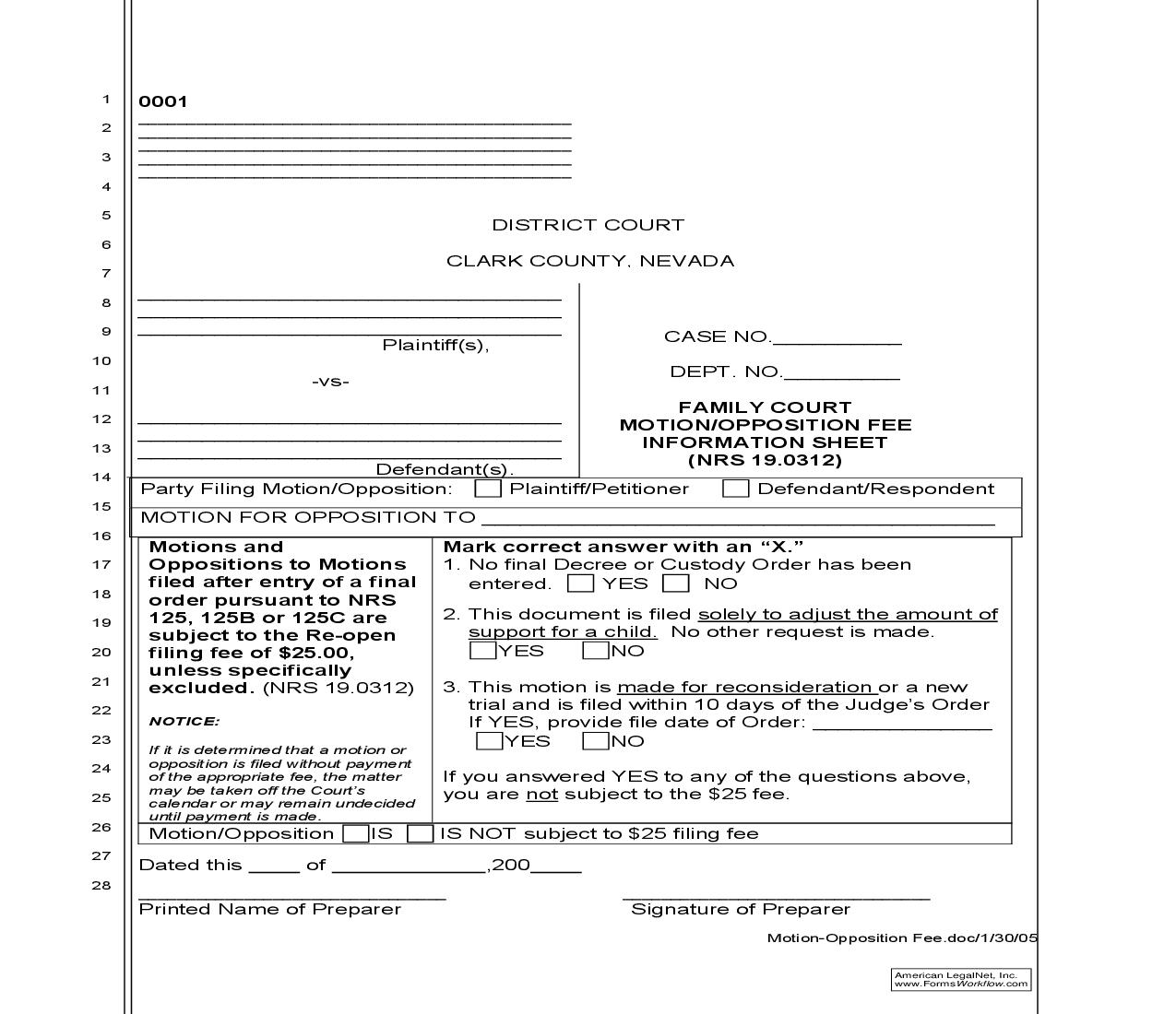 Motion Or Opposition Fee Information Sheet (NRS 19.0312) | Pdf Fpdf Doc Docx | Nevada