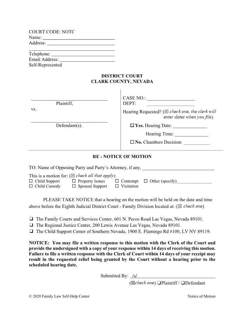 Notice Of Motion {NOTC} | Pdf Fpdf Doc Docx | Nevada