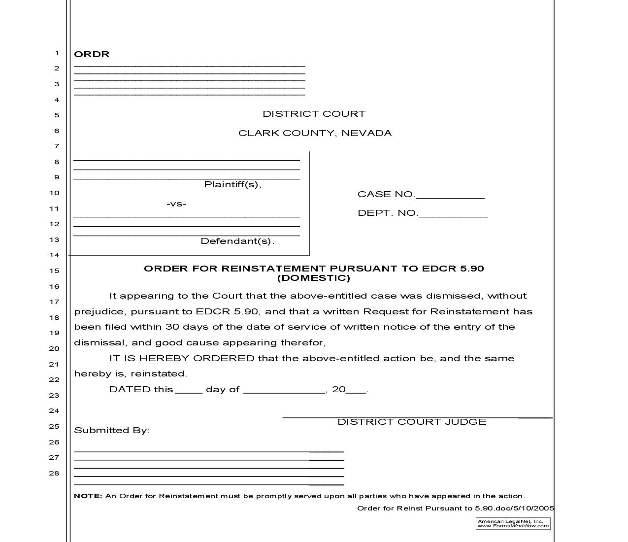 Order For Reinstatement Pursuant To EDCR 5.90 (Domestic) | Pdf Fpdf Doc Docx | Nevada