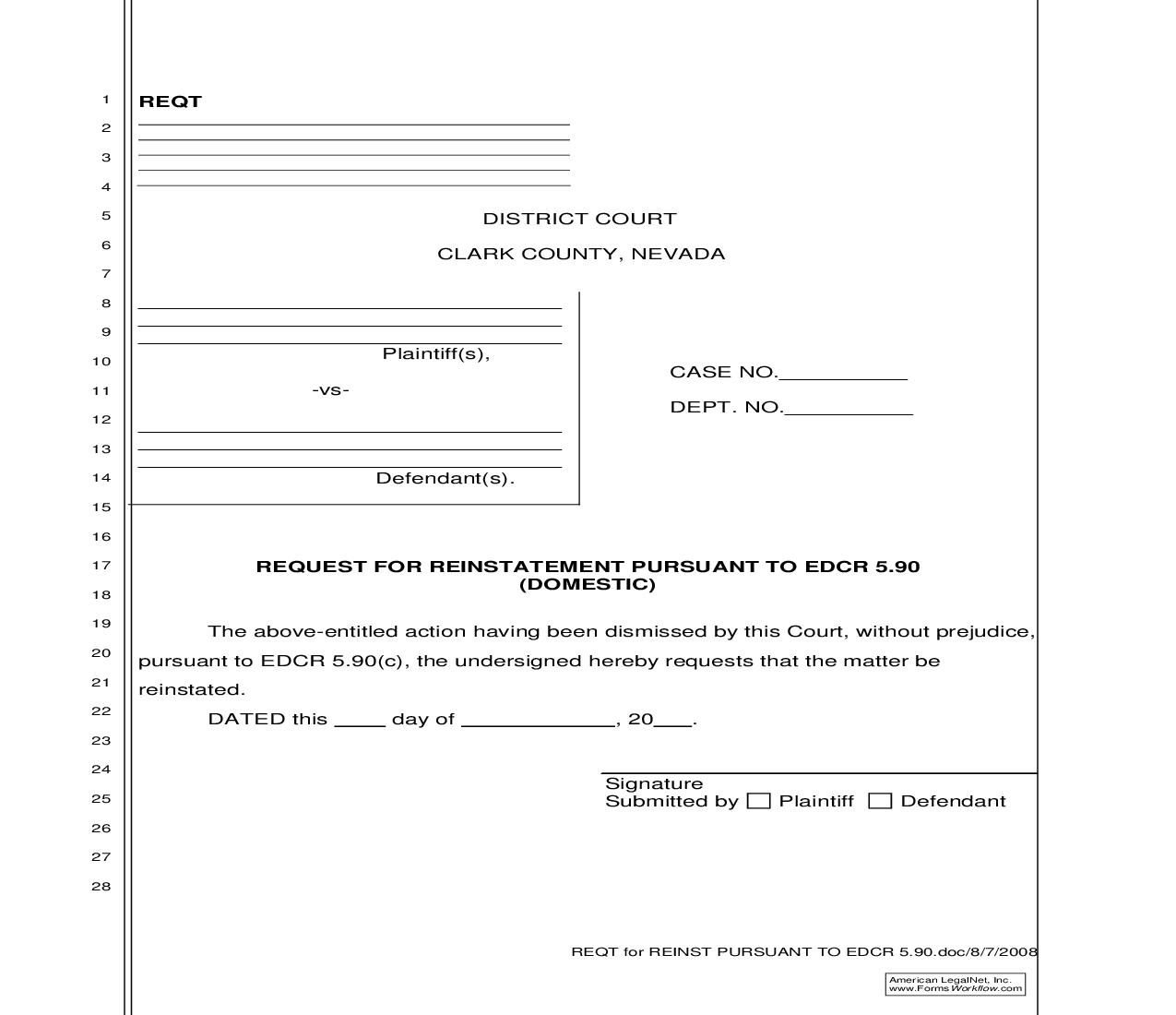 Request For Reinstatement Pursuant To EDCR 5.90 (Domestic) | Pdf Fpdf Doc Docx | Nevada