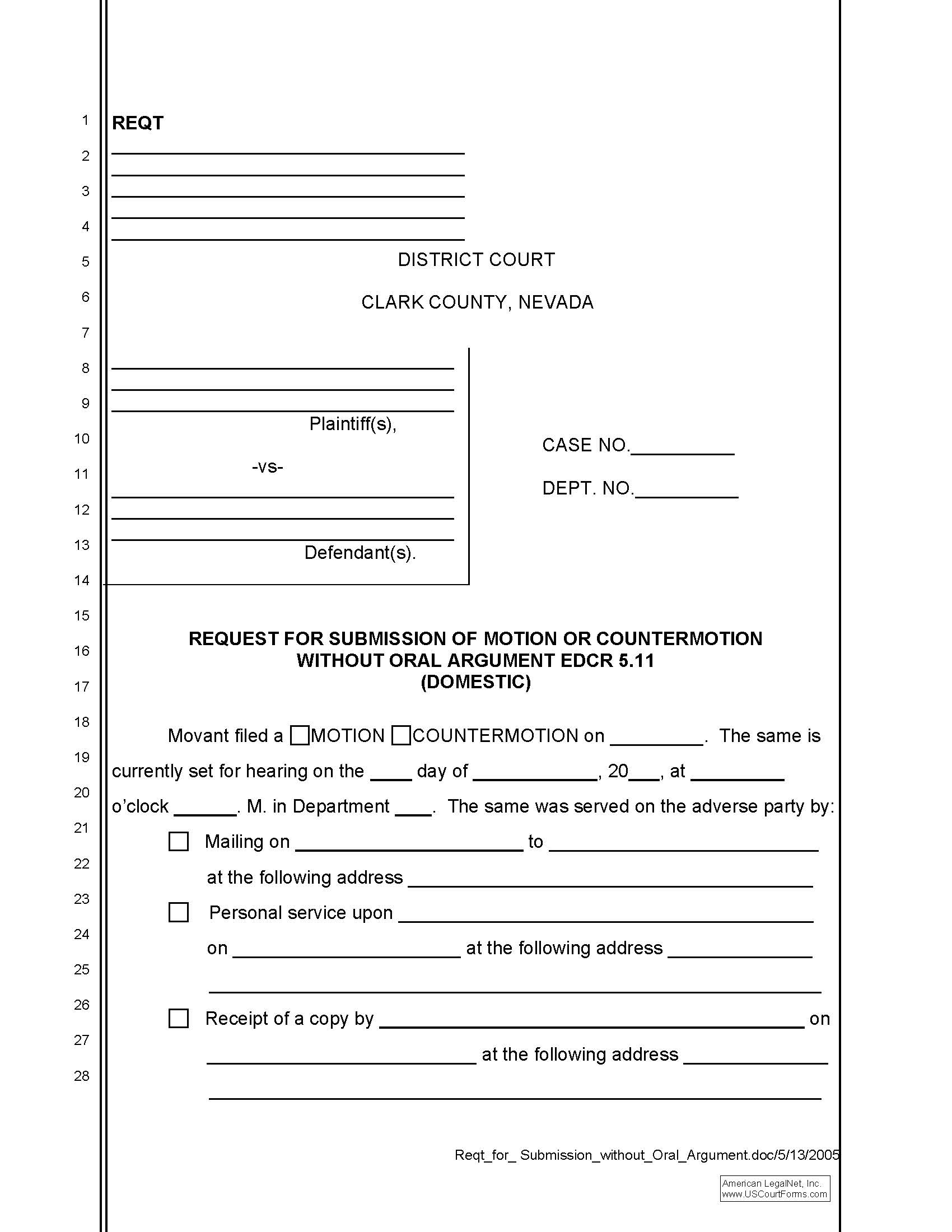 Request For Submission Of Motion Or Countermotion Without Oral Argument EDCR 5.11 (Domestic) {REQT} | Pdf Fpdf Doc Docx | Nevada