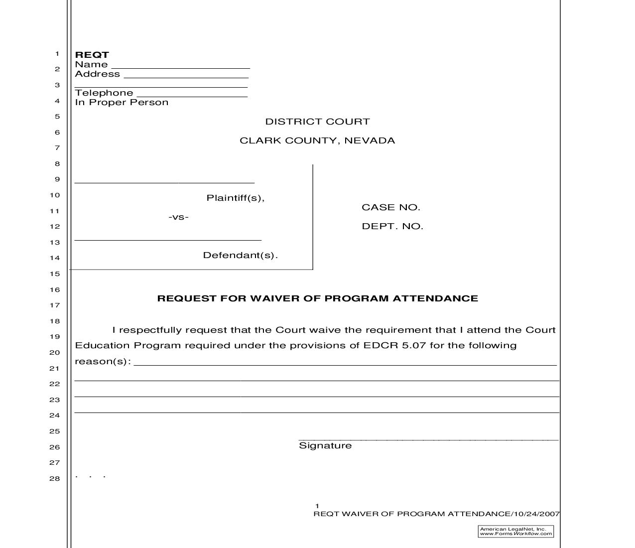 Request For Waiver Of Program Attendance {REQT} | Pdf Fpdf Doc Docx | Nevada