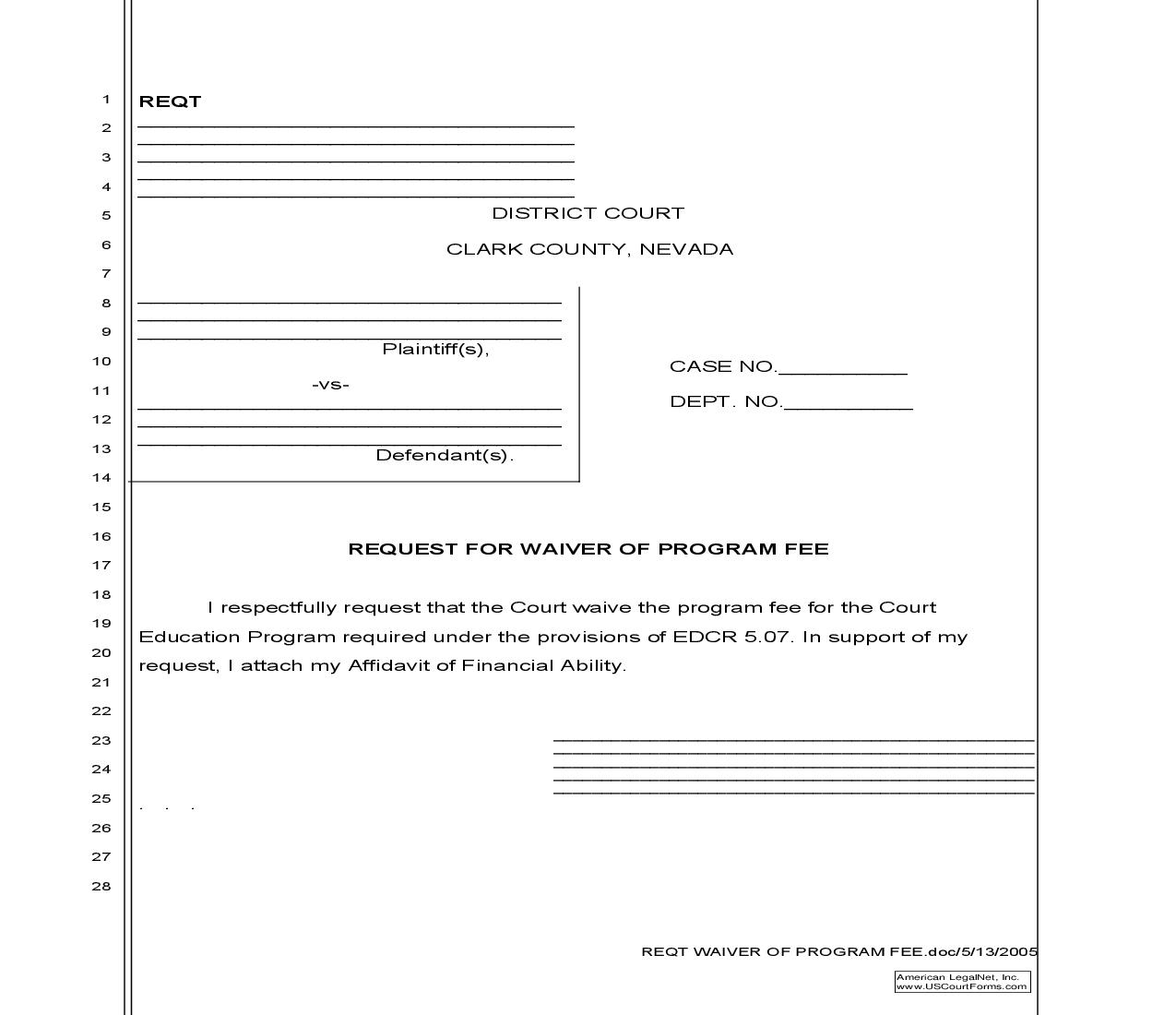 Request For Waiver Of Program Fee {REQT} | Pdf Fpdf Doc Docx | Nevada