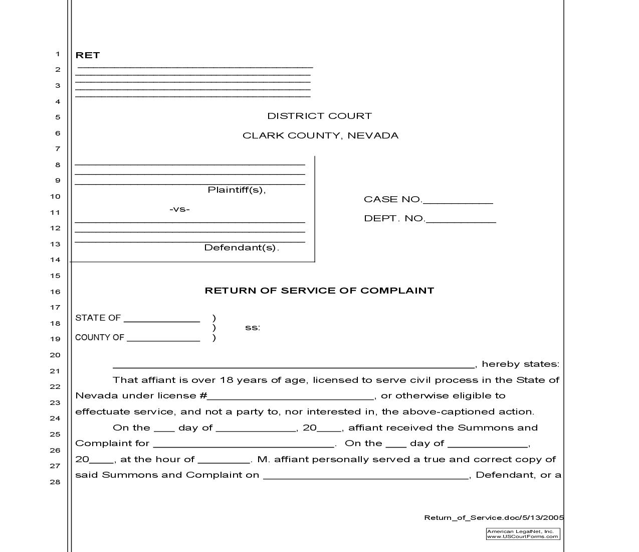 Return Of Service Of Complaint {ROSC} | Pdf Fpdf Doc Docx | Nevada