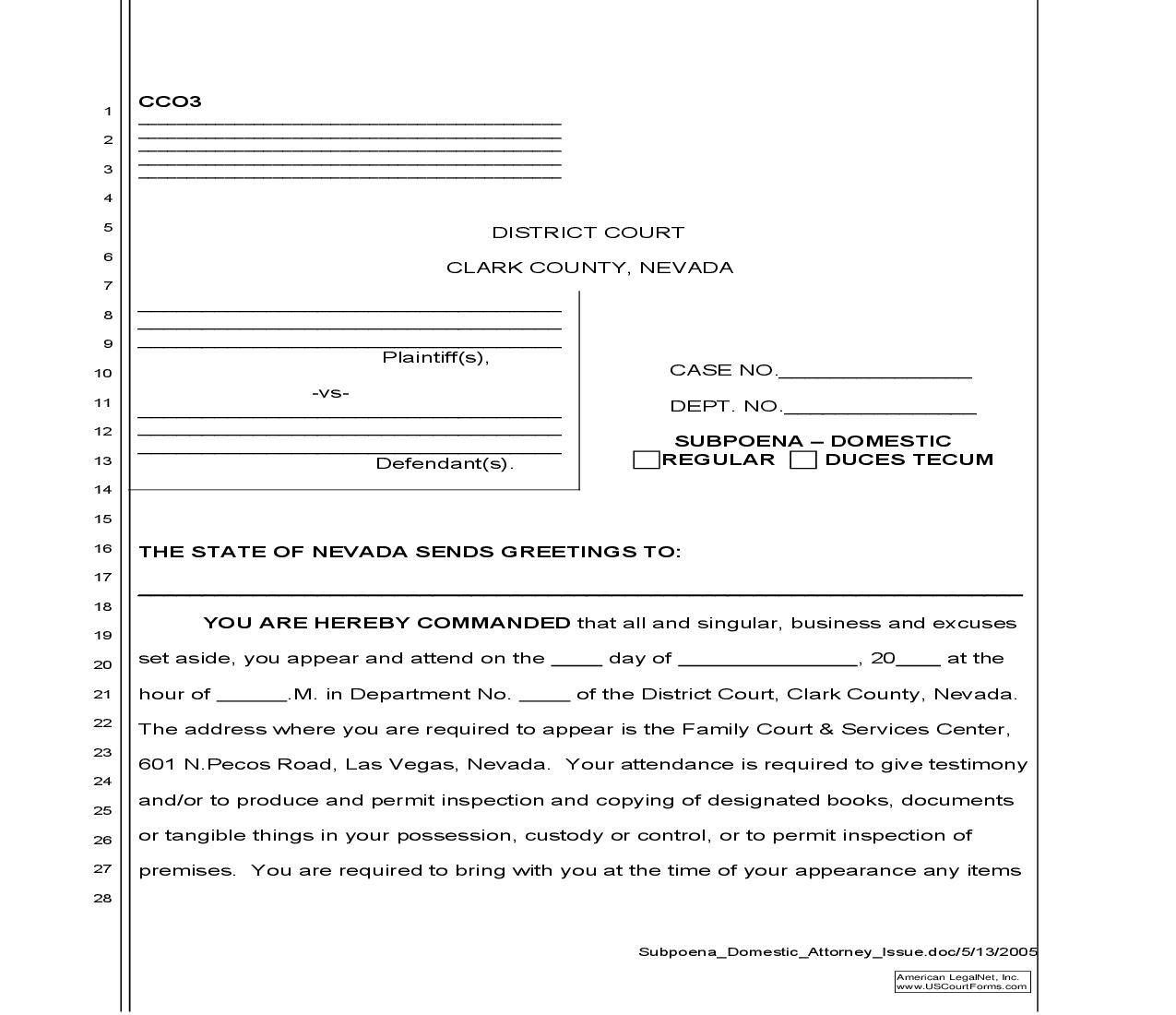 Subpoena-Domestic (Issued By Attorney) | Pdf Fpdf Doc Docx | Nevada