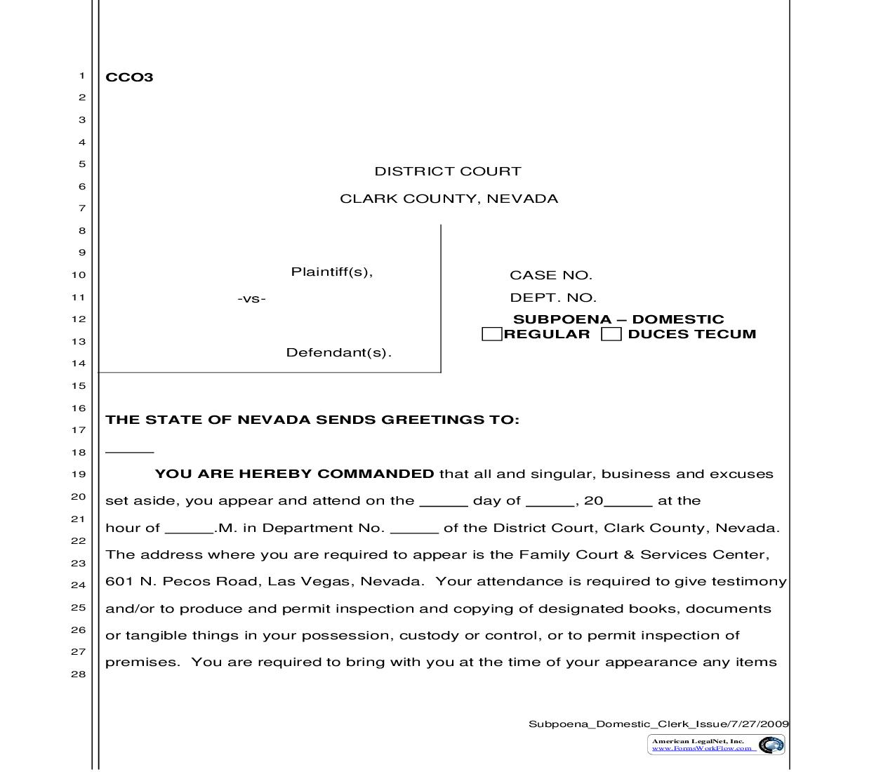 Subpoena-Domestic (Issued By Clerk) | Pdf Fpdf Doc Docx | Nevada