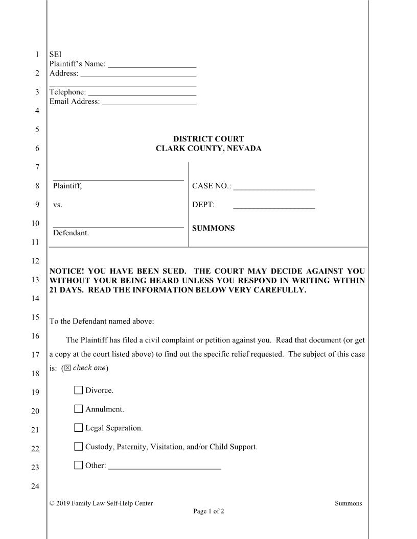 Summons Domestic {SUMM} | Pdf Fpdf Doc Docx | Nevada
