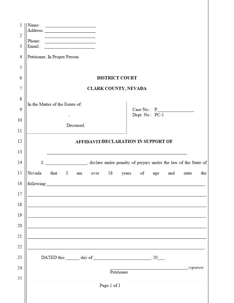Affidavit Declaration In Support | Pdf Fpdf Docx | Nevada