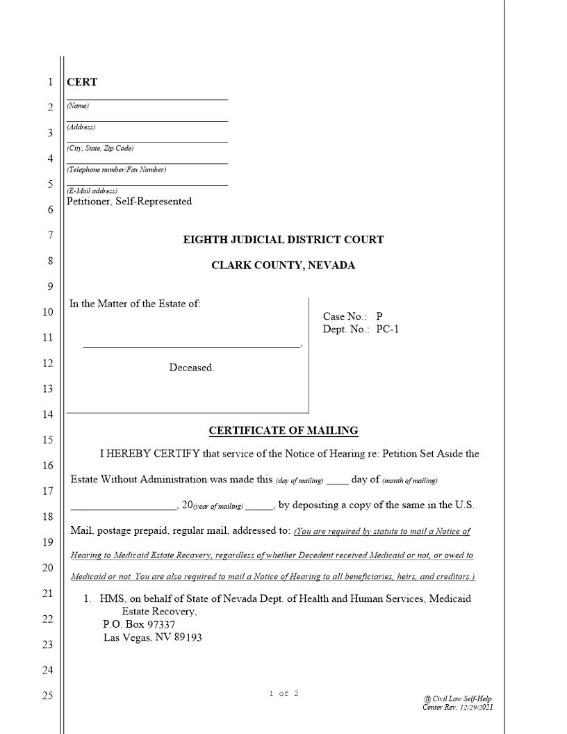 Certificate Of Mailing | Pdf Fpdf Doc Docx | Nevada