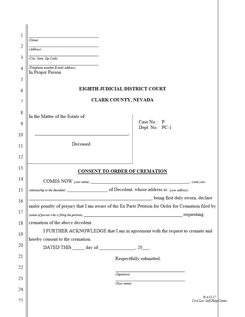 Consent To Order Of Cremation | Pdf Fpdf Docx | Nevada