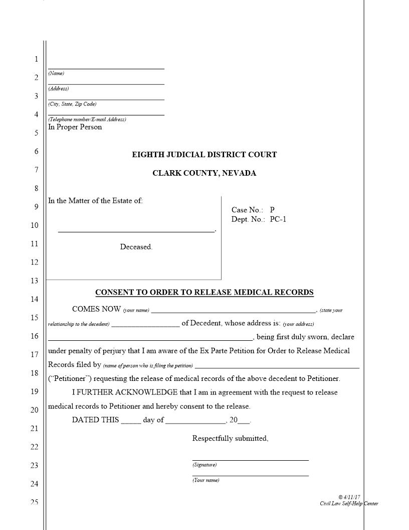 Consent To Order To Release Medical Records | Pdf Fpdf Docx | Nevada
