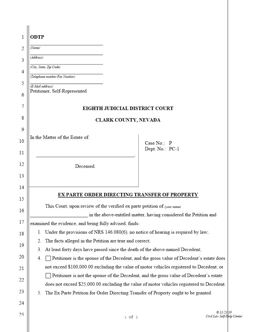 Ex Parte Order Directing Transfer Of Property | Pdf Fpdf Docx | Nevada