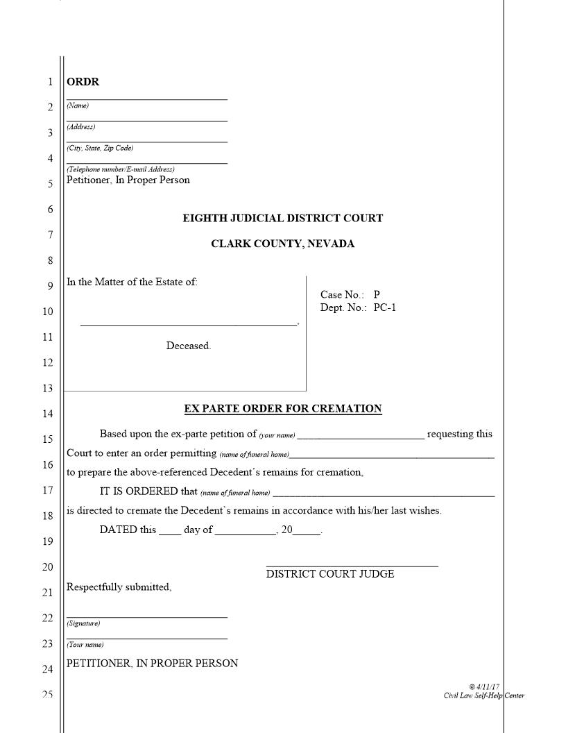 Ex Parte Order For Cremation | Pdf Fpdf Doc Docx | Nevada