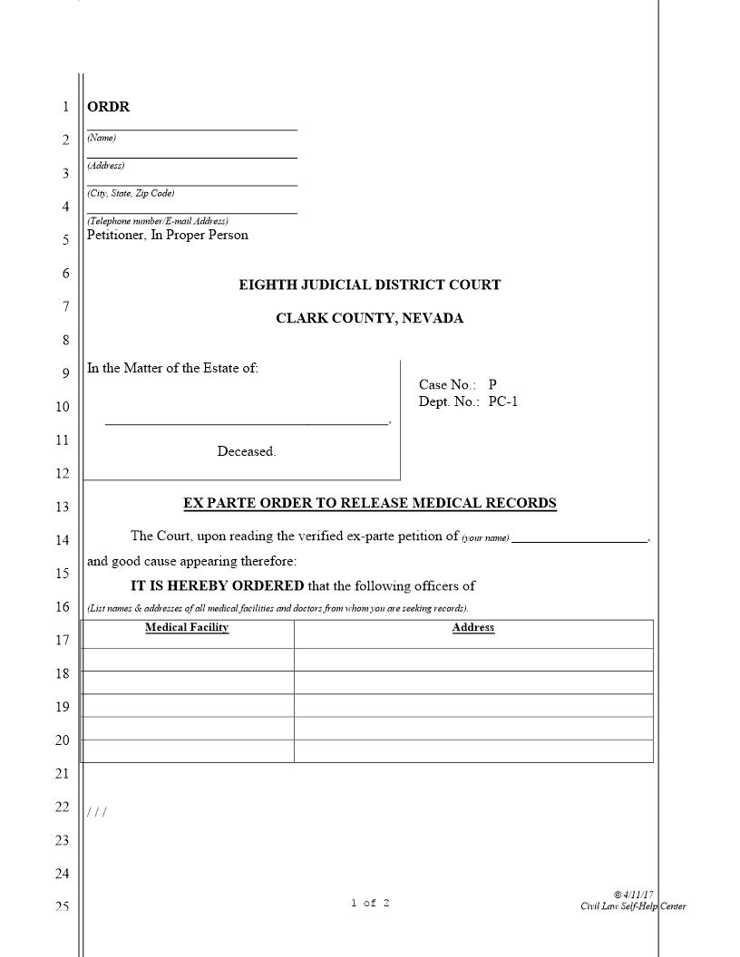 Ex Parte Order To Release Medical Records | Pdf Fpdf Docx | Nevada