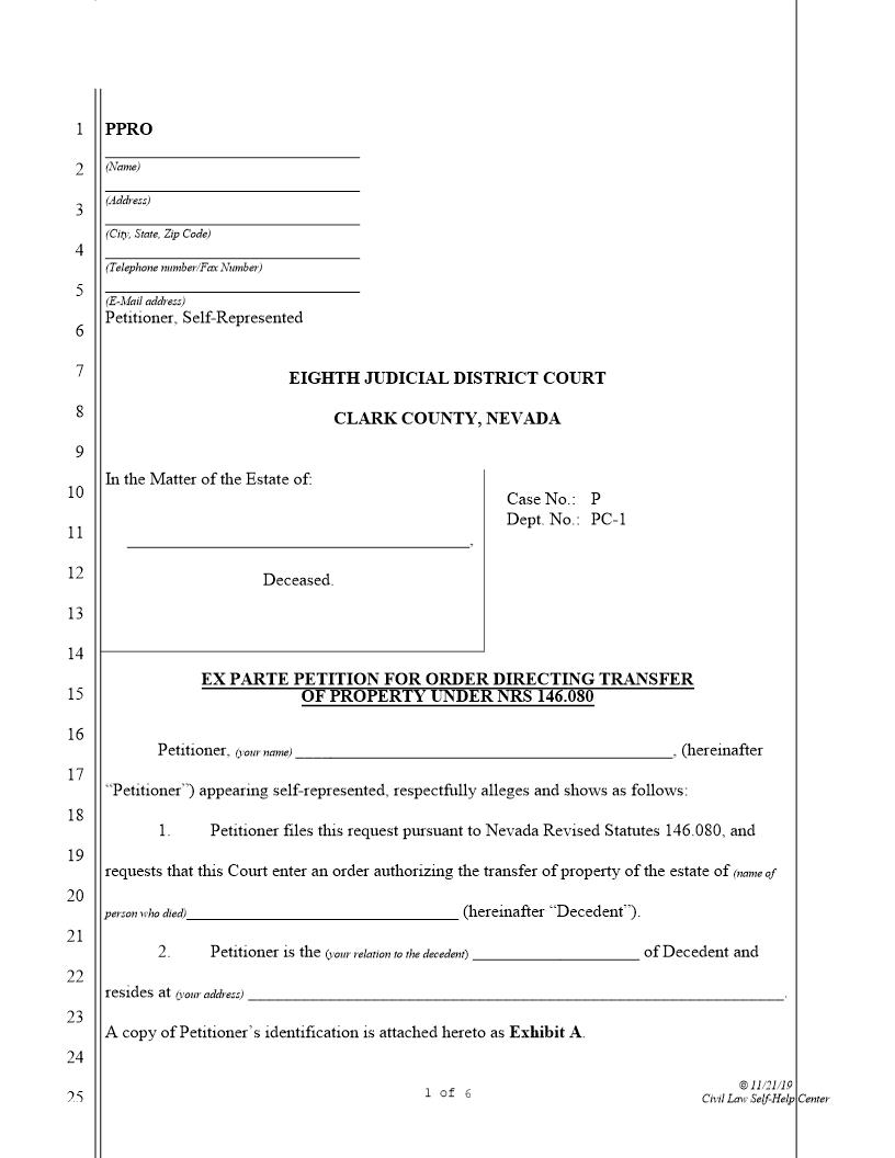 Ex Parte Petition For Order And Order Directing Transfer Of Property Under NRS 146.080 | Pdf Fpdf Doc Docx | Nevada