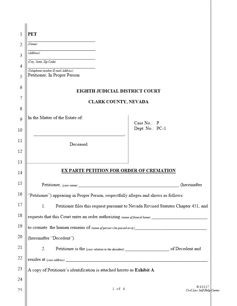 Ex Parte Petition For Order Of Cremation | Pdf Fpdf Docx | Nevada