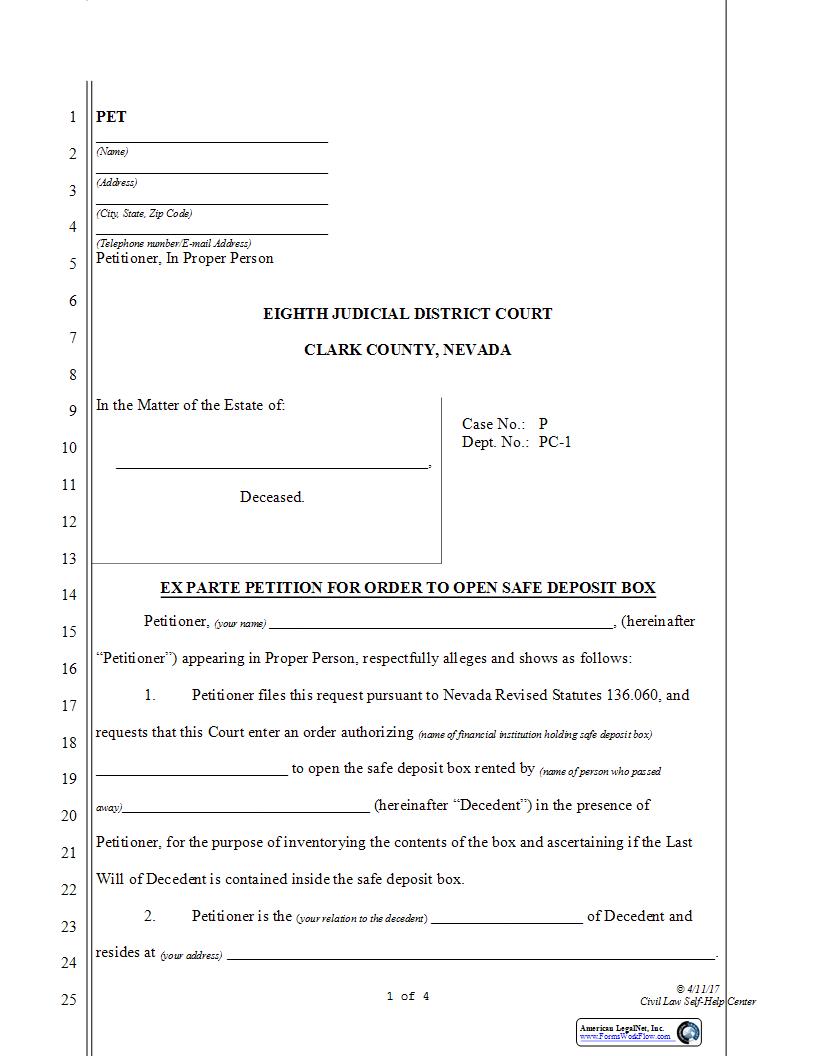 Ex Parte Petition For Order To Open Safe Deposit Box | Pdf Fpdf Docx | Nevada
