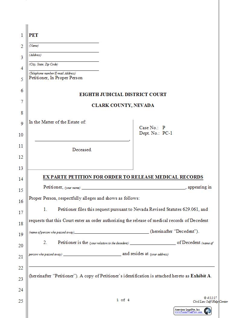 Ex Parte Petition For Order To Release Medical Records | Pdf Fpdf Docx | Nevada