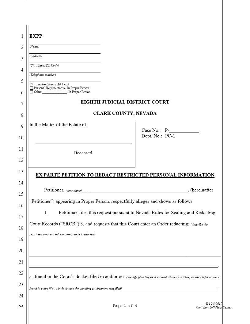 Ex Parte Petition To Redact Restricted Personal Information | Pdf Fpdf Docx | Nevada