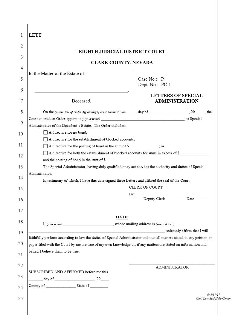 Letters Of Special Administration | Pdf Fpdf Doc Docx | Nevada