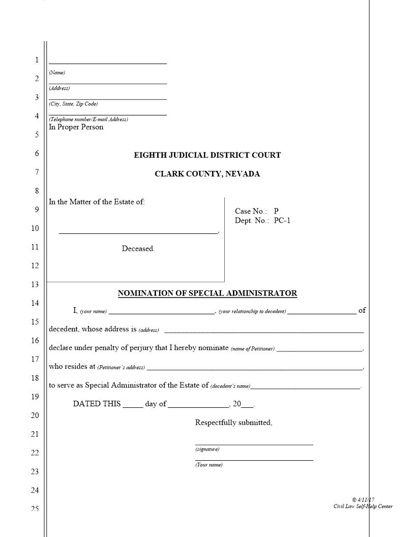 Nomination Of Special Administrator | Pdf Fpdf Docx | Nevada
