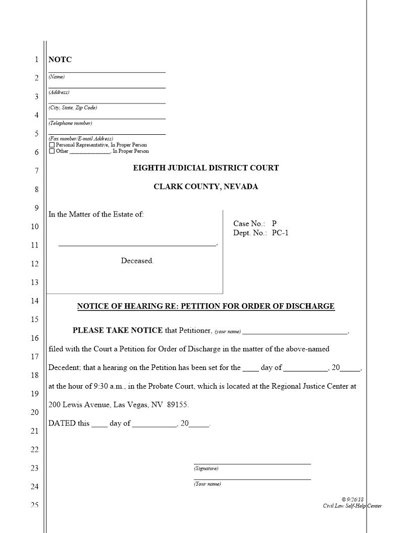 Notice Of Hearing Re Petition For Order Of Discharge | Pdf Fpdf Docx | Nevada