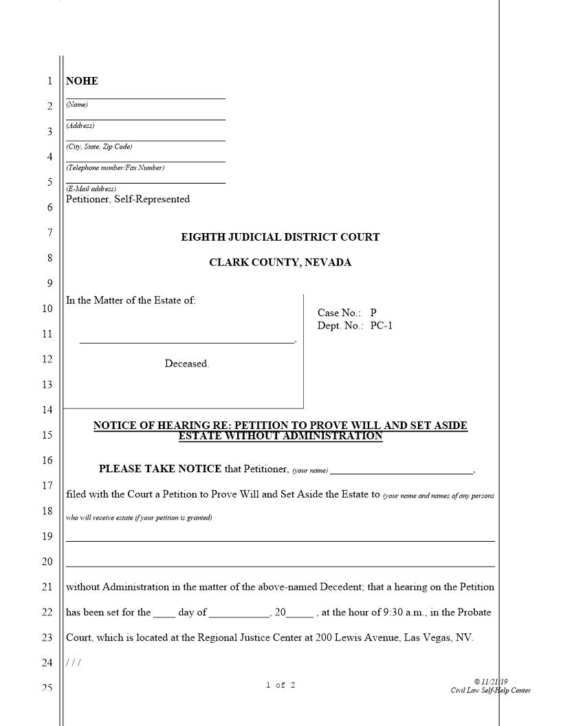 Notice Of Hearing Re Petition To Prove Will And Set Aside Estate Without Administration | Pdf Fpdf Docx | Nevada