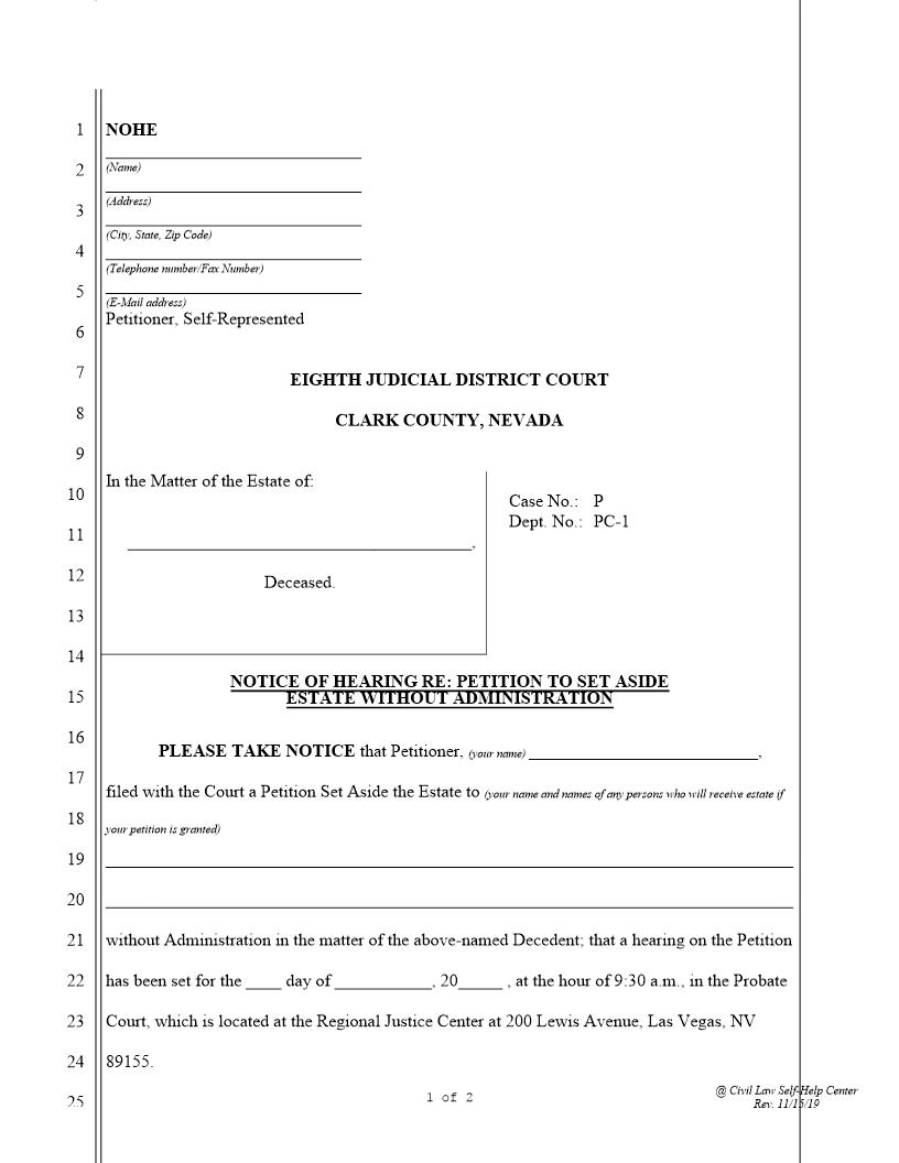 Notice Of Hearing Re Petition To Set Aside Estate Without Administration | Pdf Fpdf Docx | Nevada
