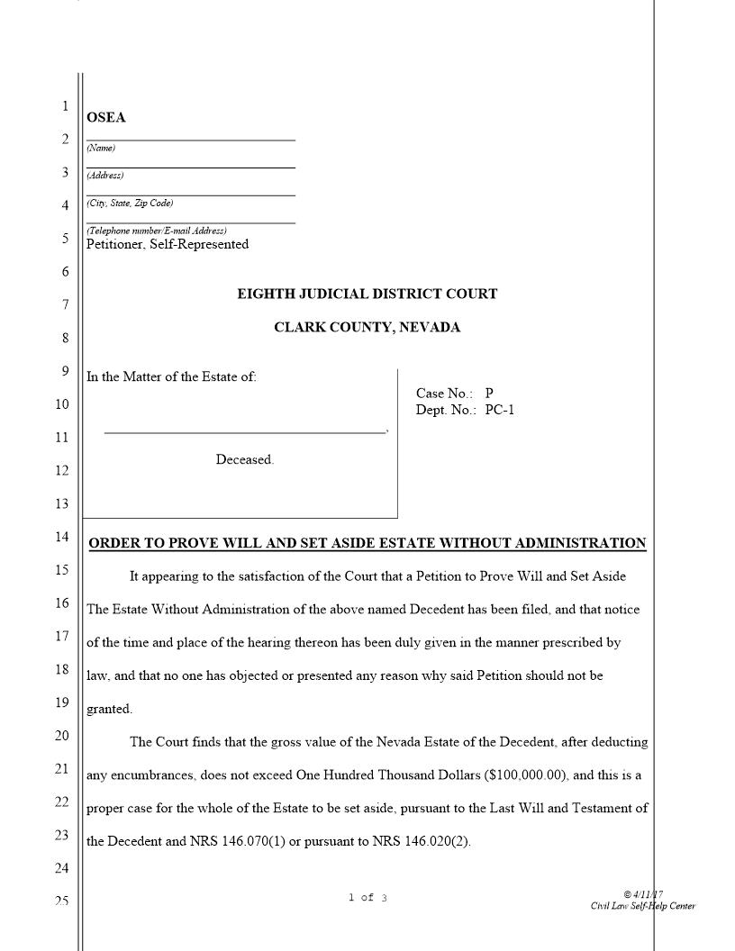 Order To Prove Will And Set Aside Estate Without Administration | Pdf Fpdf Docx | Nevada