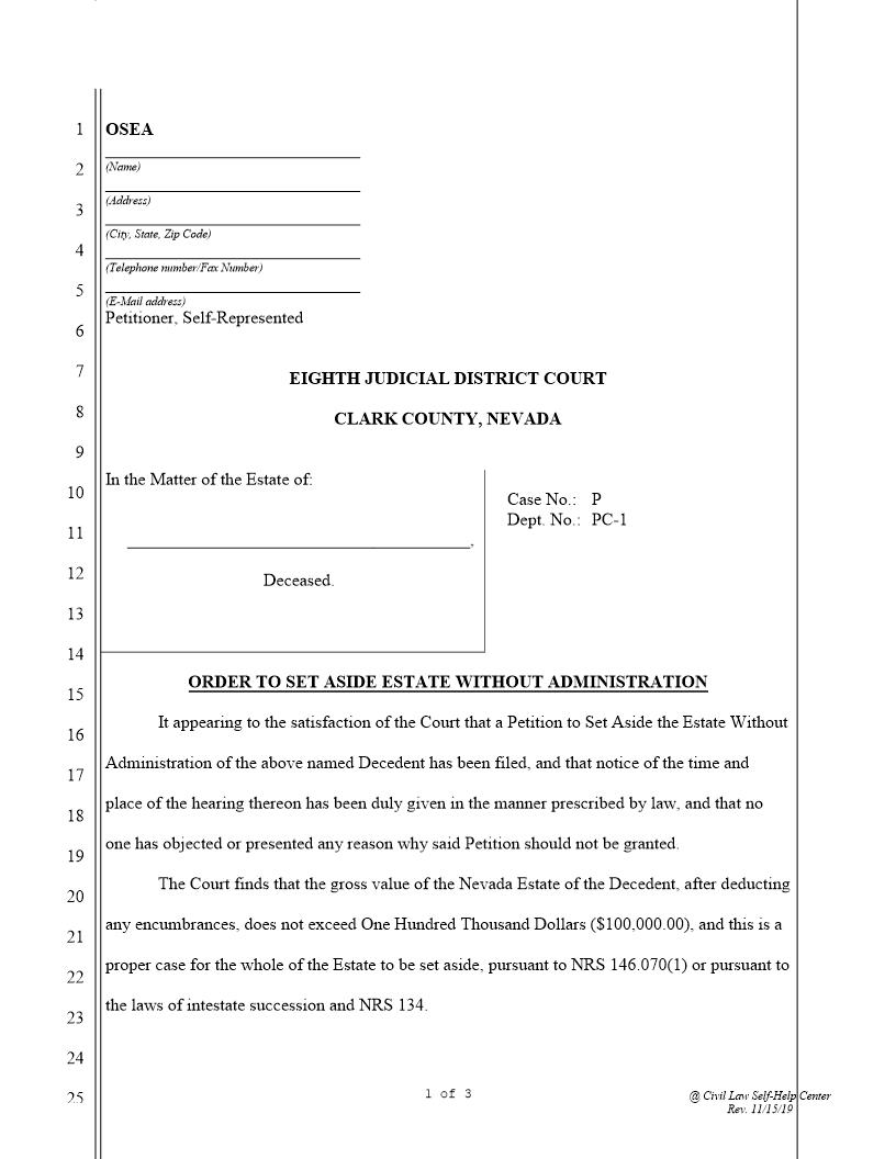Order To Set Aside Estate Without Administration | Pdf Fpdf Docx | Nevada