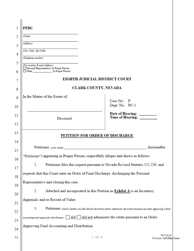 Petition For Order Of Discharge | Pdf Fpdf Docx | Nevada