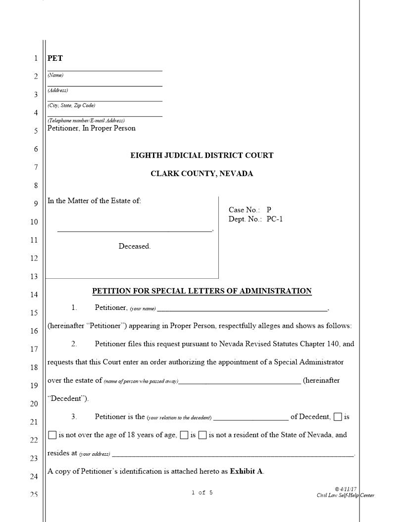 Petition For Special Letters Of Administration | Pdf Fpdf Docx | Nevada