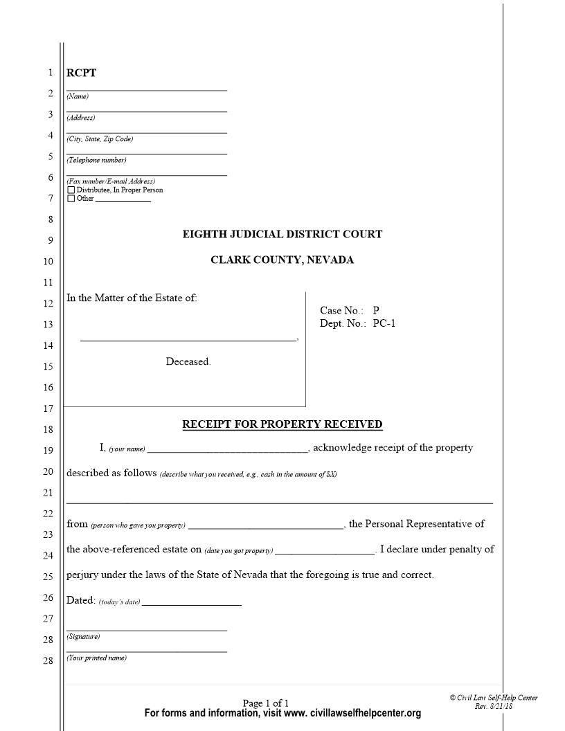 Receipt For Property Received | Pdf Fpdf Docx | Nevada